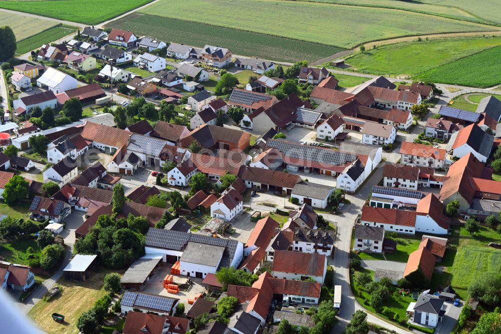 Aschelsried from above - Village view on the edge of agricultural fields and land with the works premises of the Jakob Pfaller Landwirtschaft on street Lindenstrasse in Aschelsried in the state Bavaria, Germany