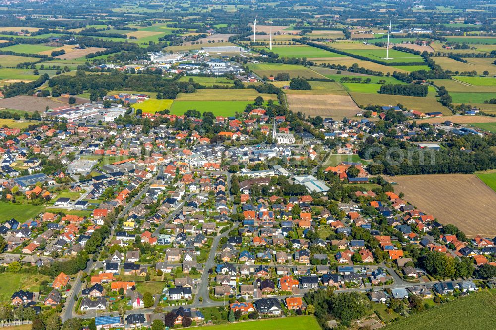 Westenholz from above - Village view on the edge of agricultural fields and land in Westenholz in the state North Rhine-Westphalia, Germany