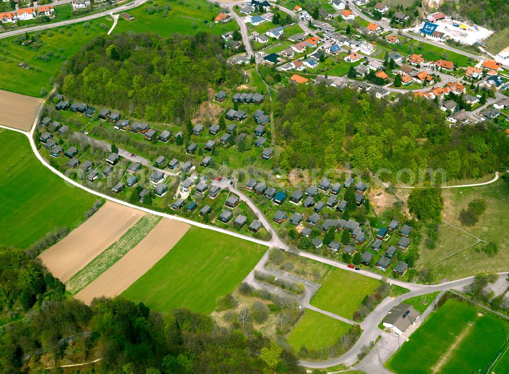 Westerheim from above - Village view on the edge of agricultural fields and land in Westerheim in the state Baden-Wuerttemberg, Germany