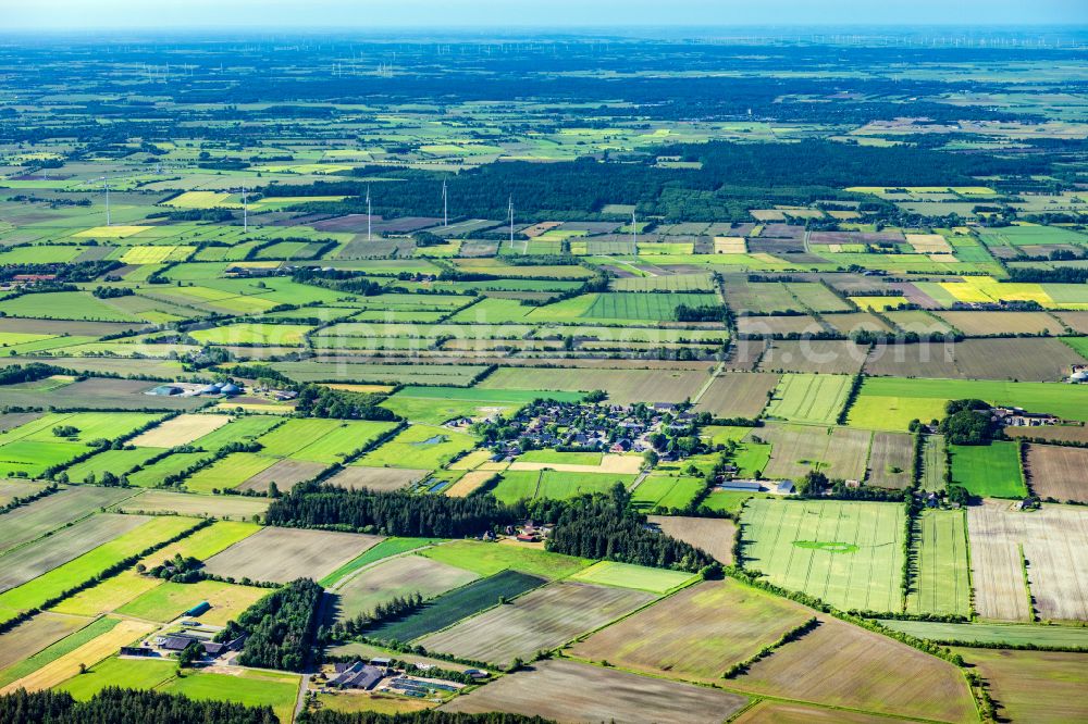 Westre from the bird's eye view: Village view on the edge of agricultural fields and land in Westre in the state Schleswig-Holstein, Germany