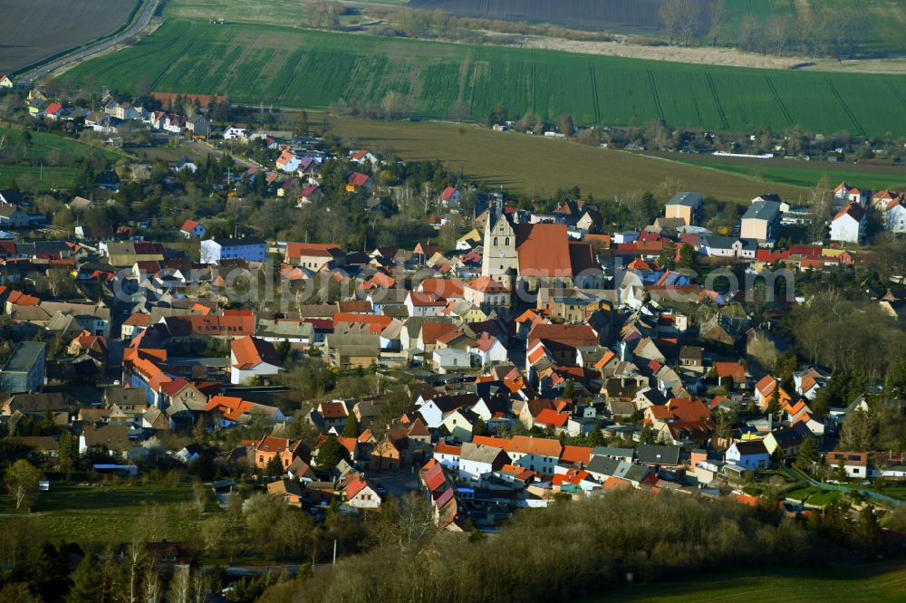 Aerial image Wettin-Löbejün - Village view on the edge of agricultural fields and land in Wettin-Loebejuen in the state Saxony-Anhalt, Germany