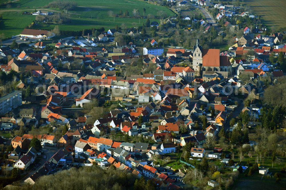 Wettin-Löbejün from above - Village view on the edge of agricultural fields and land in Wettin-Loebejuen in the state Saxony-Anhalt, Germany