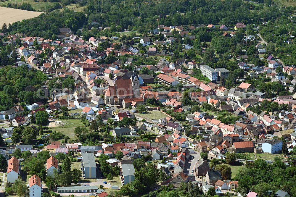 Wettin-Löbejün from above - Village view on the edge of agricultural fields and land in Wettin-Loebejuen in the state Saxony-Anhalt, Germany