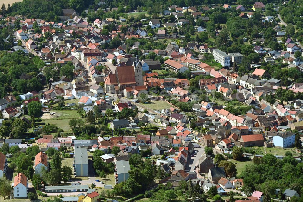 Wettin-Löbejün from the bird's eye view: Village view on the edge of agricultural fields and land in Wettin-Loebejuen in the state Saxony-Anhalt, Germany