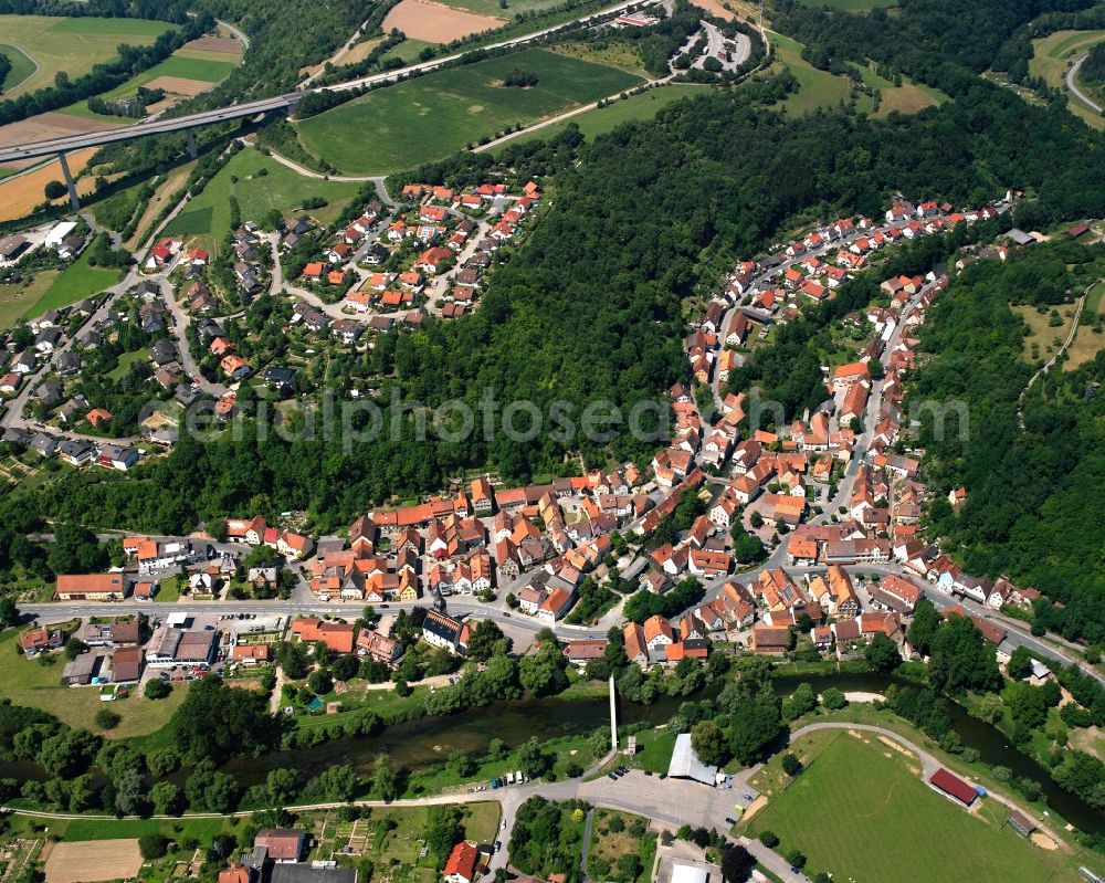 Aerial image Widdern - Village view on the edge of agricultural fields and land in Widdern in the state Baden-Wuerttemberg, Germany