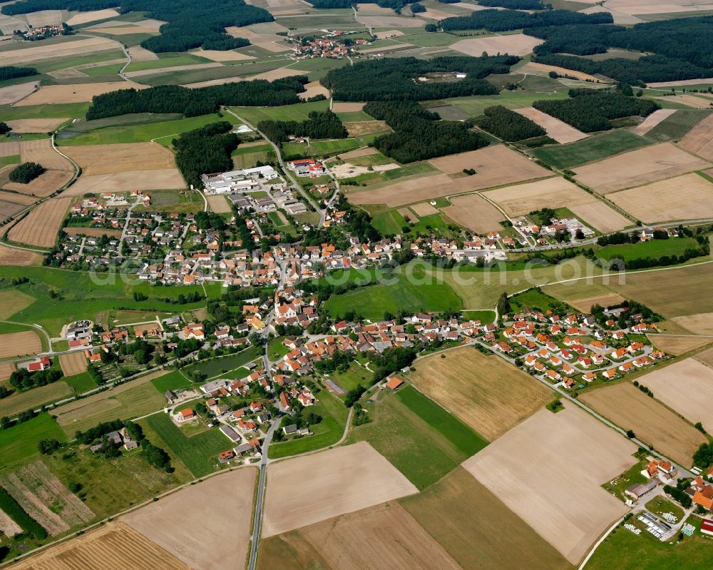 Wieseth from above - Village view on the edge of agricultural fields and land in Wieseth in the state Bavaria, Germany