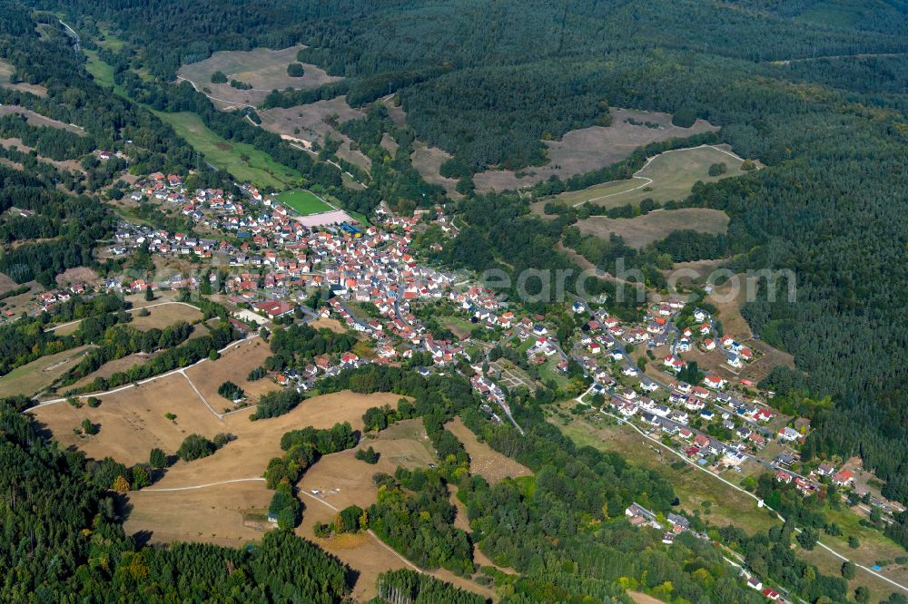 Wiesthal from the bird's eye view: Village view on the edge of agricultural fields and land in Wiesthal in the state Bavaria, Germany