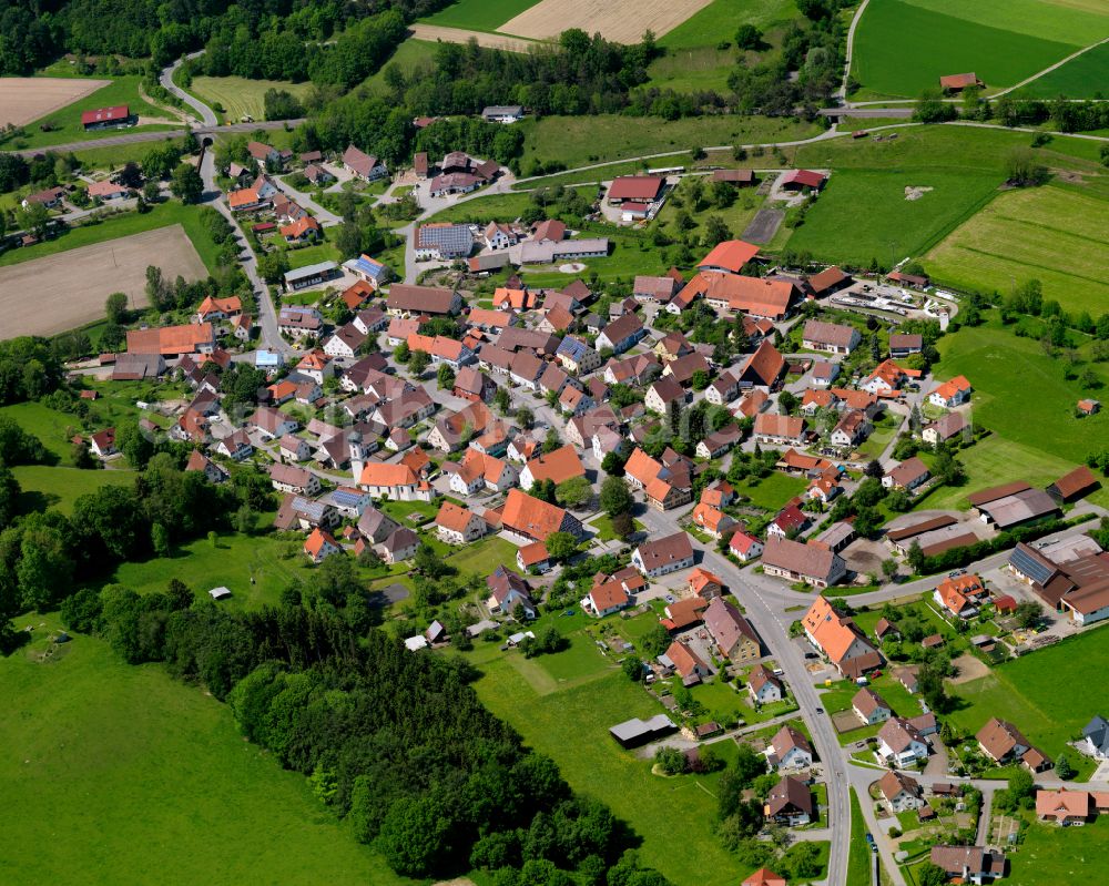 Winterstettenstadt from above - Village view on the edge of agricultural fields and land in Winterstettenstadt in the state Baden-Wuerttemberg, Germany