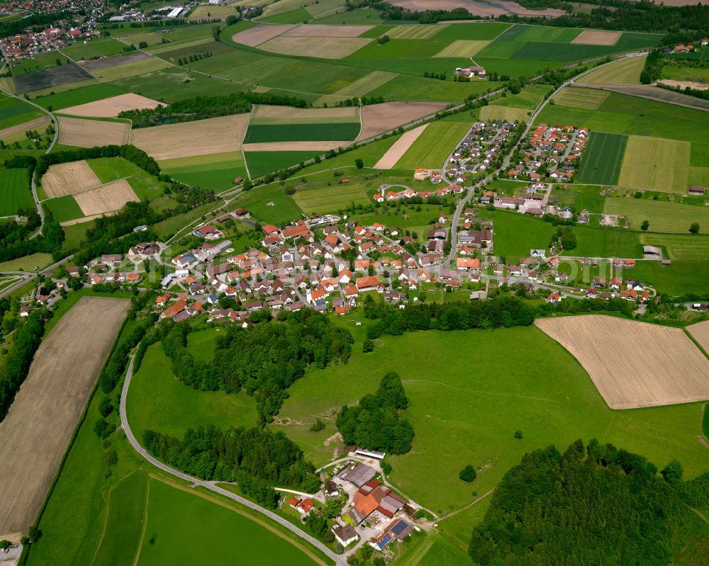 Aerial image Winterstettenstadt - Village view on the edge of agricultural fields and land in Winterstettenstadt in the state Baden-Wuerttemberg, Germany