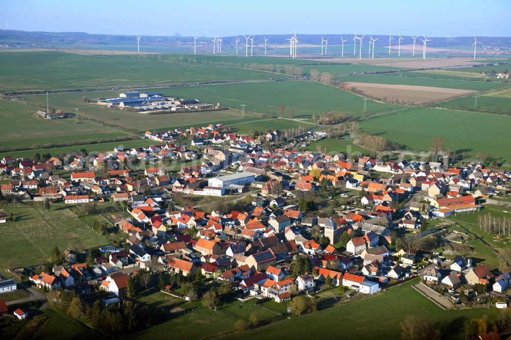 Wolferstedt from above - Village view on the edge of agricultural fields and land in Wolferstedt in the state Saxony-Anhalt, Germany