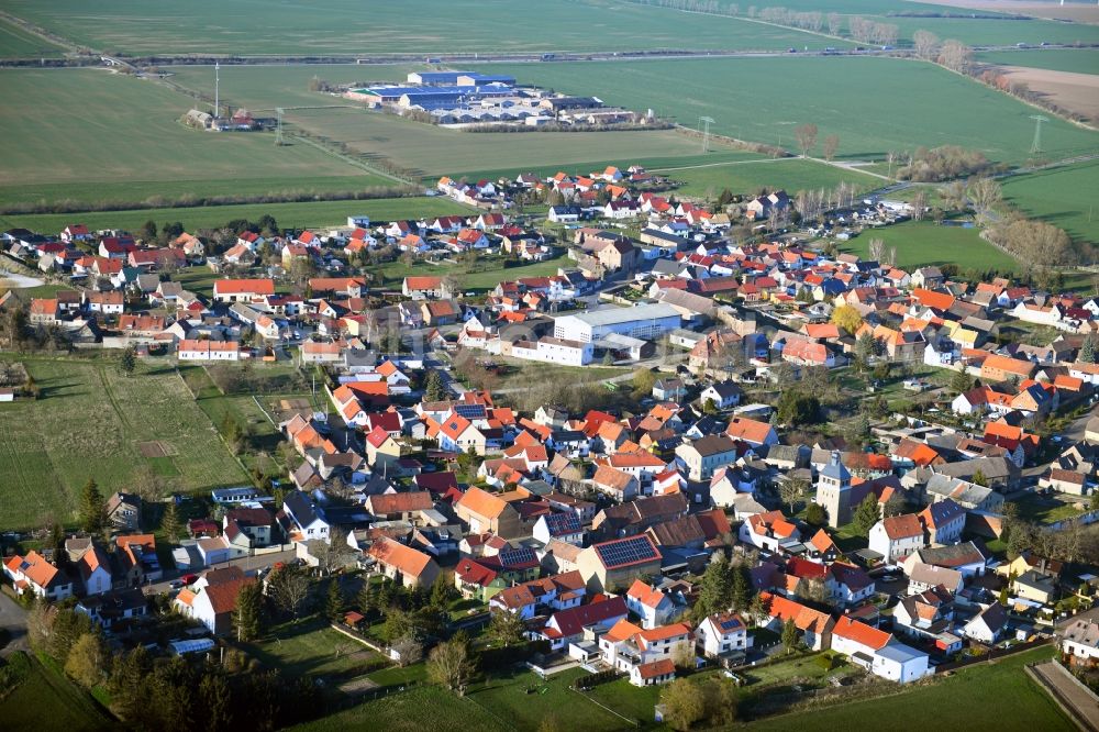 Wolferstedt from the bird's eye view: Village view on the edge of agricultural fields and land in Wolferstedt in the state Saxony-Anhalt, Germany