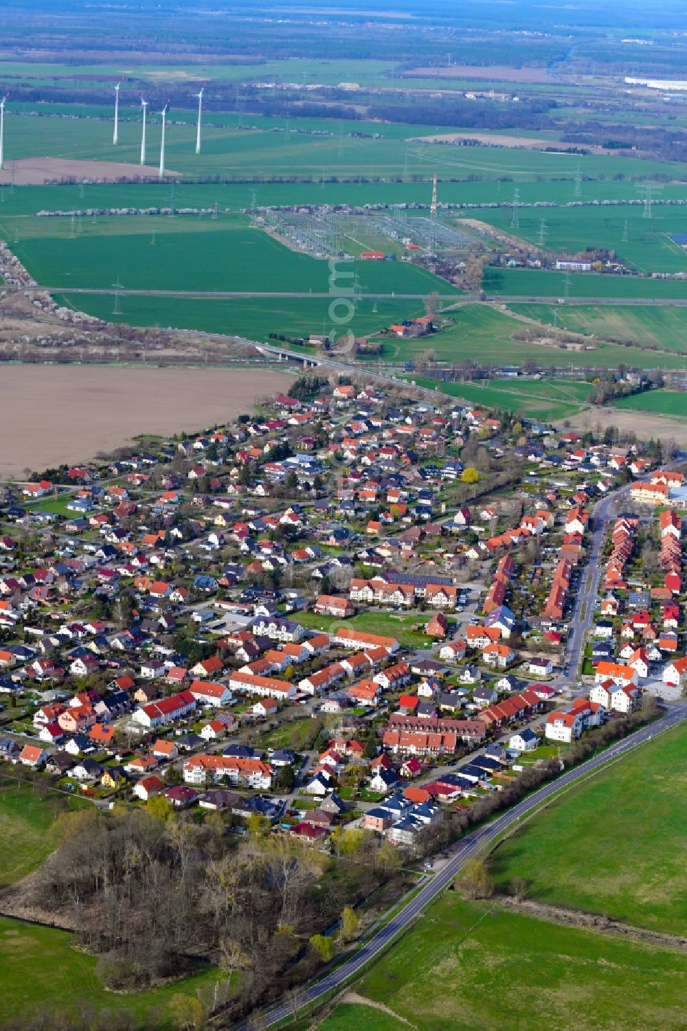 Wustermark from above - Village view on the edge of agricultural fields and land in Wustermark in the state Brandenburg, Germany