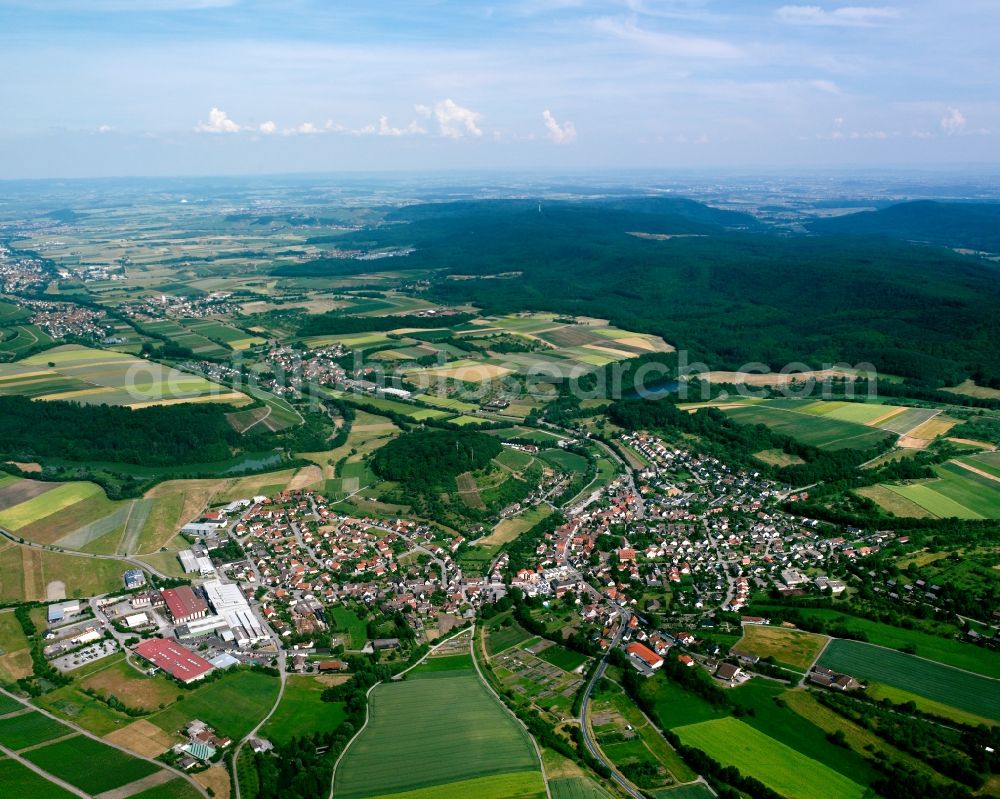 Zaberfeld from the bird's eye view: Village view on the edge of agricultural fields and land in Zaberfeld in the state Baden-Wuerttemberg, Germany