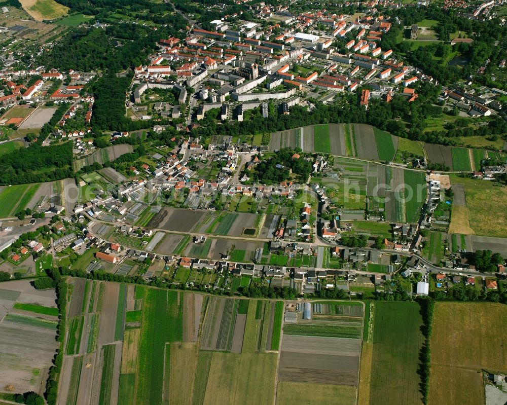 Zerbst/Anhalt from the bird's eye view: Village view on the edge of agricultural fields and land in Zerbst/Anhalt in the state Saxony-Anhalt, Germany