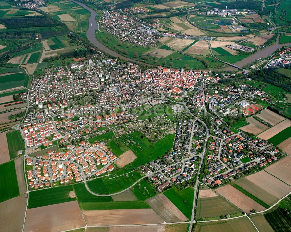 Zimmerhof from above - Village view on the edge of agricultural fields and land in Zimmerhof in the state Baden-Wuerttemberg, Germany