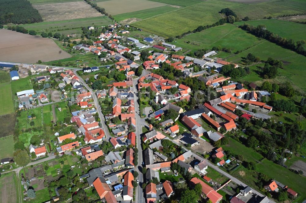 Zobbenitz from above - Village view on the edge of agricultural fields and land in Zobbenitz in the state Saxony-Anhalt, Germany