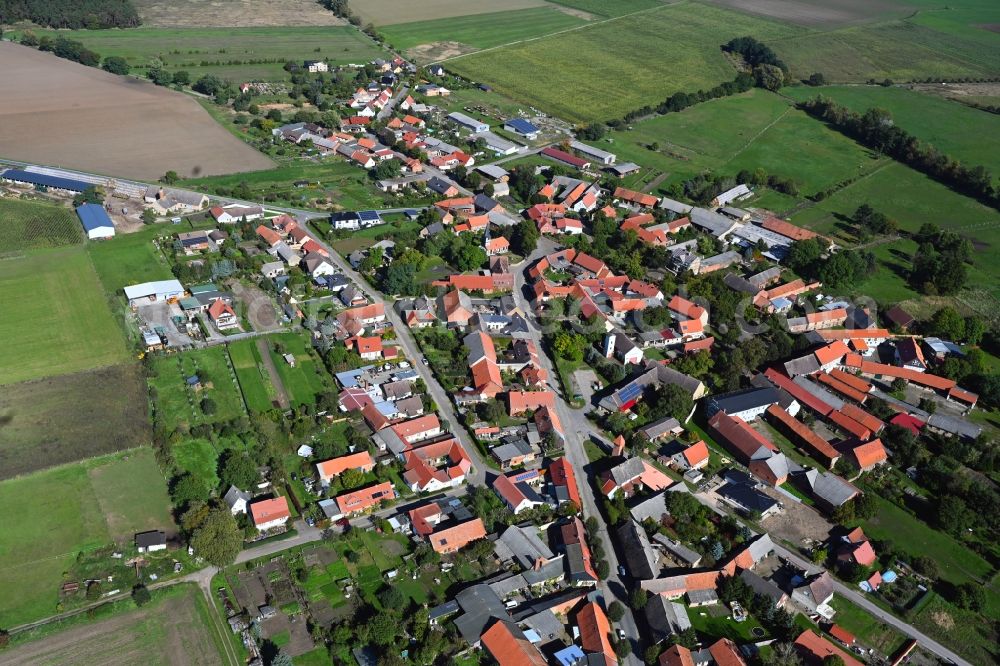 Zobbenitz from above - Village view on the edge of agricultural fields and land in Zobbenitz in the state Saxony-Anhalt, Germany