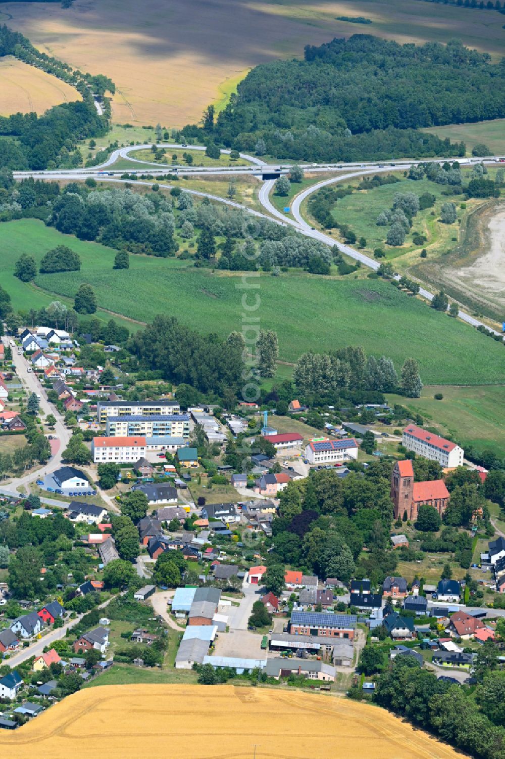 Zurow from above - Village view on the edge of agricultural fields and land in Zurow in the state Mecklenburg - Western Pomerania, Germany