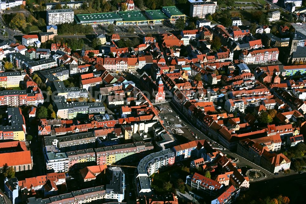 Gotha from above - View of the streets and houses of the residential areas and with town hall and market square in Gotha in the state Thuringia, Germany