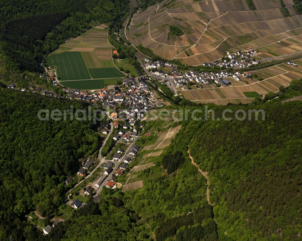 Aerial photograph Rech - View of the locality of Rech in the state of Rhineland-Palatinate. The official tourist resort is surrounded by fields and located on a hill on the southern riverbank of a bend of the river Ahr