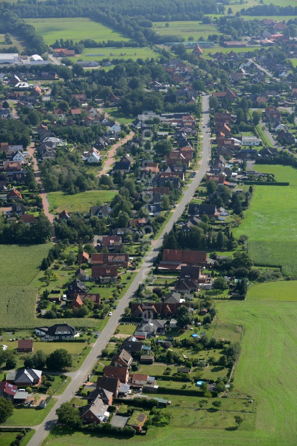 Rehburg-Loccum from above - View of Rehburg in the state of Lower Saxony. Rehburg is part of the town of Rehburg-Loccum. The residential village consists of single family houses and residential areas. View from the West along Duesselburger Strasse