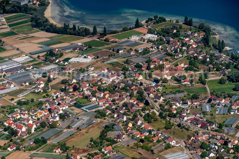 Reichenau from above - Town View of the streets and houses of the residential areas in Reichenau in the state Baden-Wurttemberg, Germany