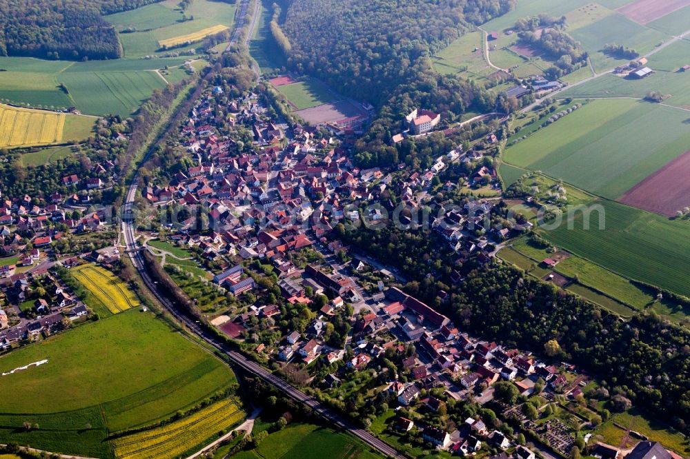 Reichenberg from above - Town View of the streets and houses of the residential areas in Reichenberg in the state Bavaria, Germany