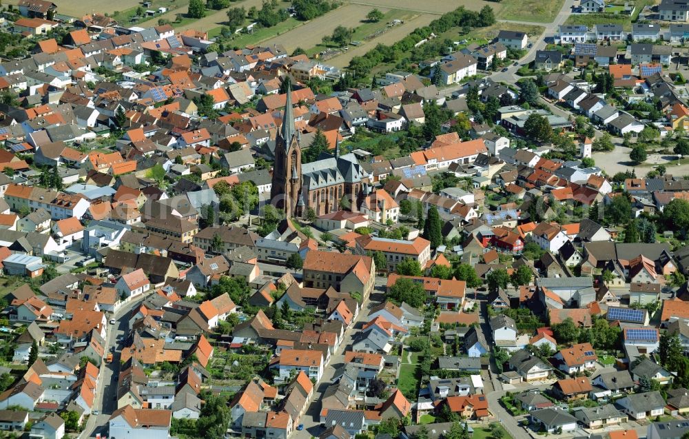 Aerial image Philippsburg - Town View of the streets and houses of the residential areas in Rheinsheim in the state Baden-Wuerttemberg