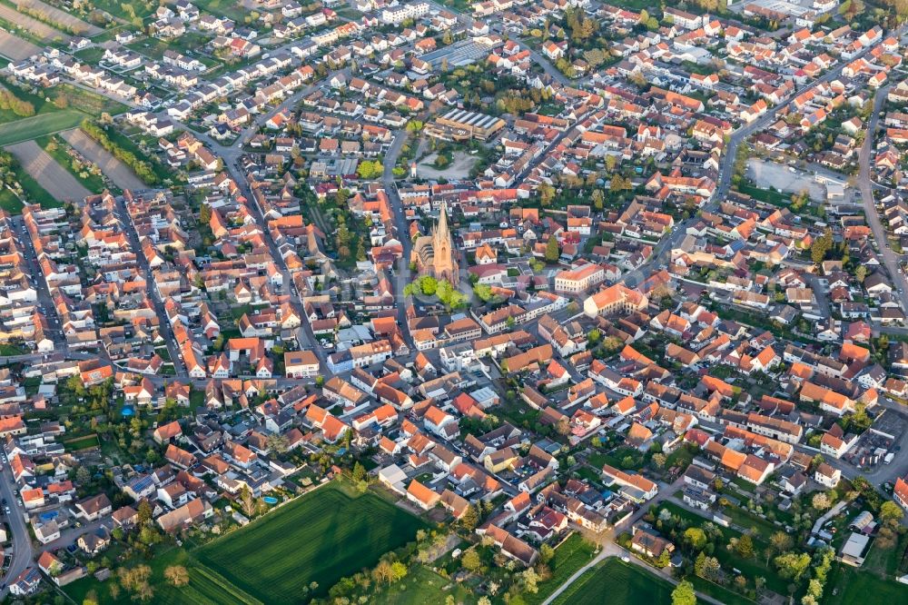 Aerial image Rheinsheim - Town View of the streets and houses of the residential areas in Rheinsheim in the state Baden-Wurttemberg, Germany