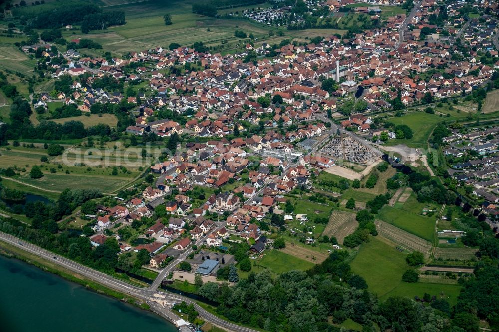 Rhinau from above - Town View of the streets and houses of the residential areas in Rhinau in Grand Est, France