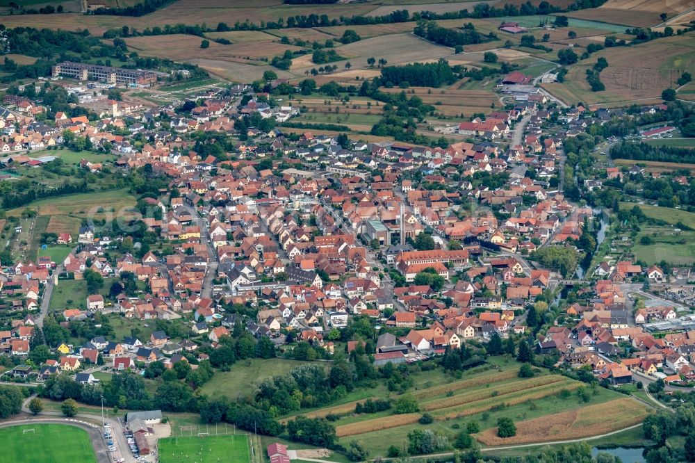 Aerial photograph Rhinau - Town View of the streets and houses of the residential areas in Rhinau in Grand Est, France