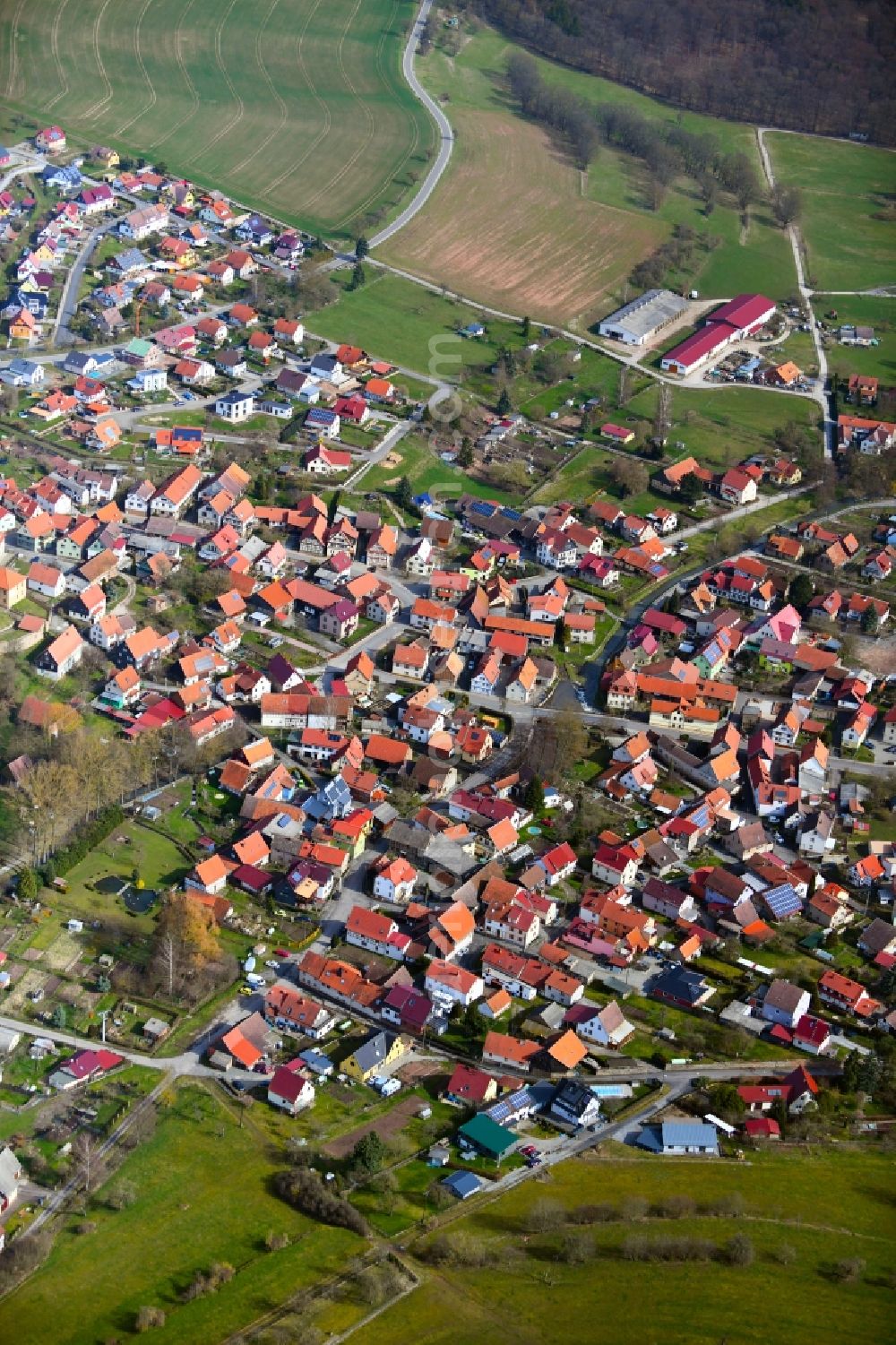 Rhönblick from above - Town view of the streets, houses and residential areas in Rhoenblick in the state Thuringia, Germany