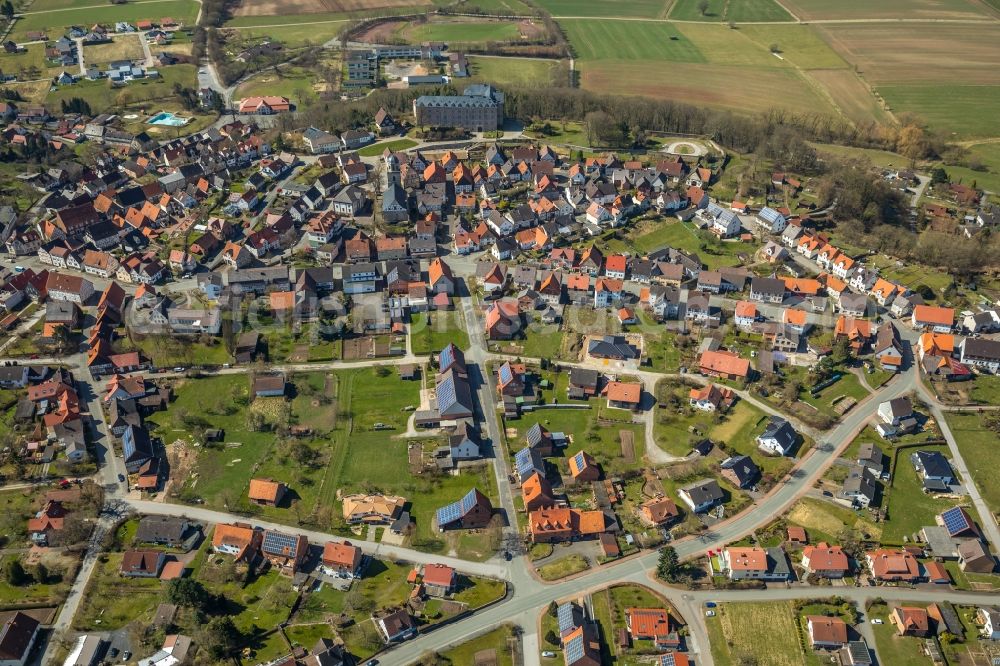 Aerial image Rhoden - Town View of the streets and houses of the residential areas in Rhoden in the state Hesse, Germany