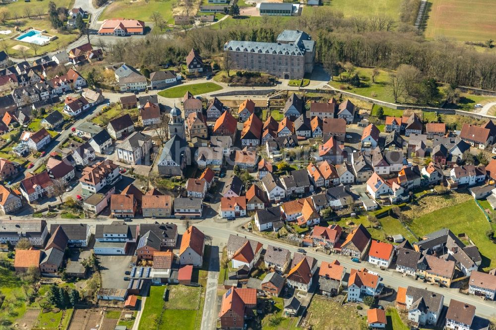 Rhoden from above - Town View of the streets and houses of the residential areas in Rhoden in the state Hesse, Germany