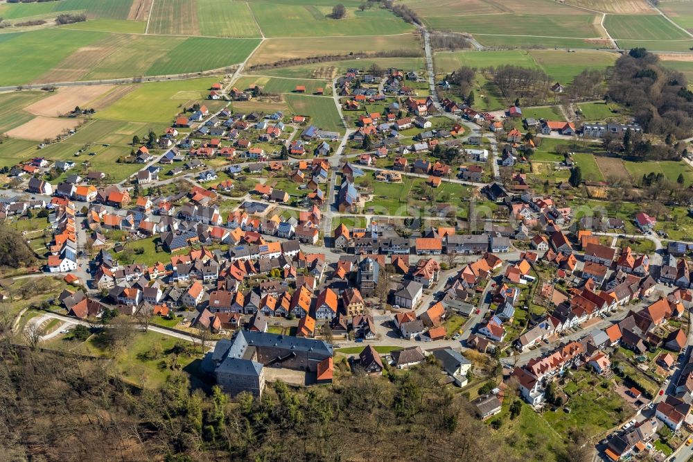 Aerial image Rhoden - Town View of the streets and houses of the residential areas in Rhoden in the state Hesse, Germany