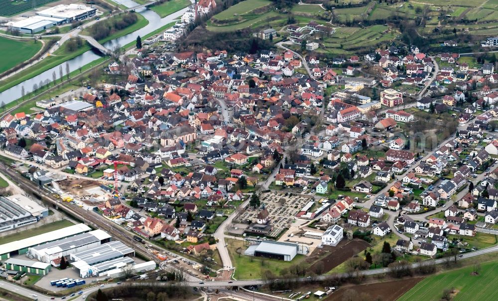 Aerial image Riegel am Kaiserstuhl - Town View of the streets and houses of the residential areas in Riegel am Kaiserstuhl in the state Baden-Wuerttemberg, Germany