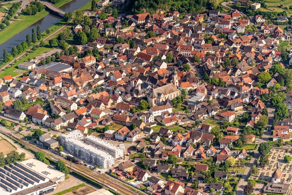 Riegel am Kaiserstuhl from above - Town View of the streets and houses of the residential areas in Riegel am Kaiserstuhl in the state Baden-Wurttemberg, Germany