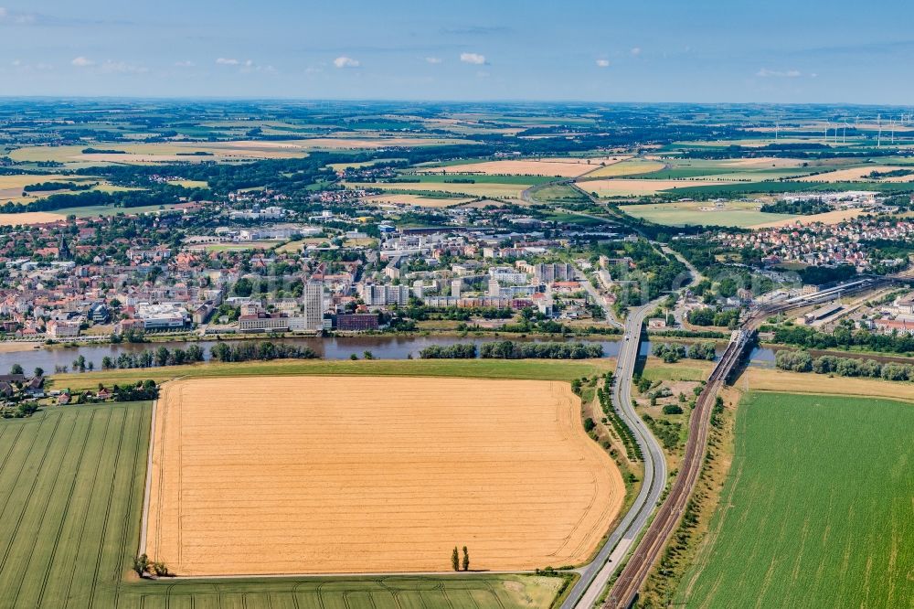 Aerial image Riesa - Town View of the streets and houses of the residential areas in Riesa in the state Saxony, Germany