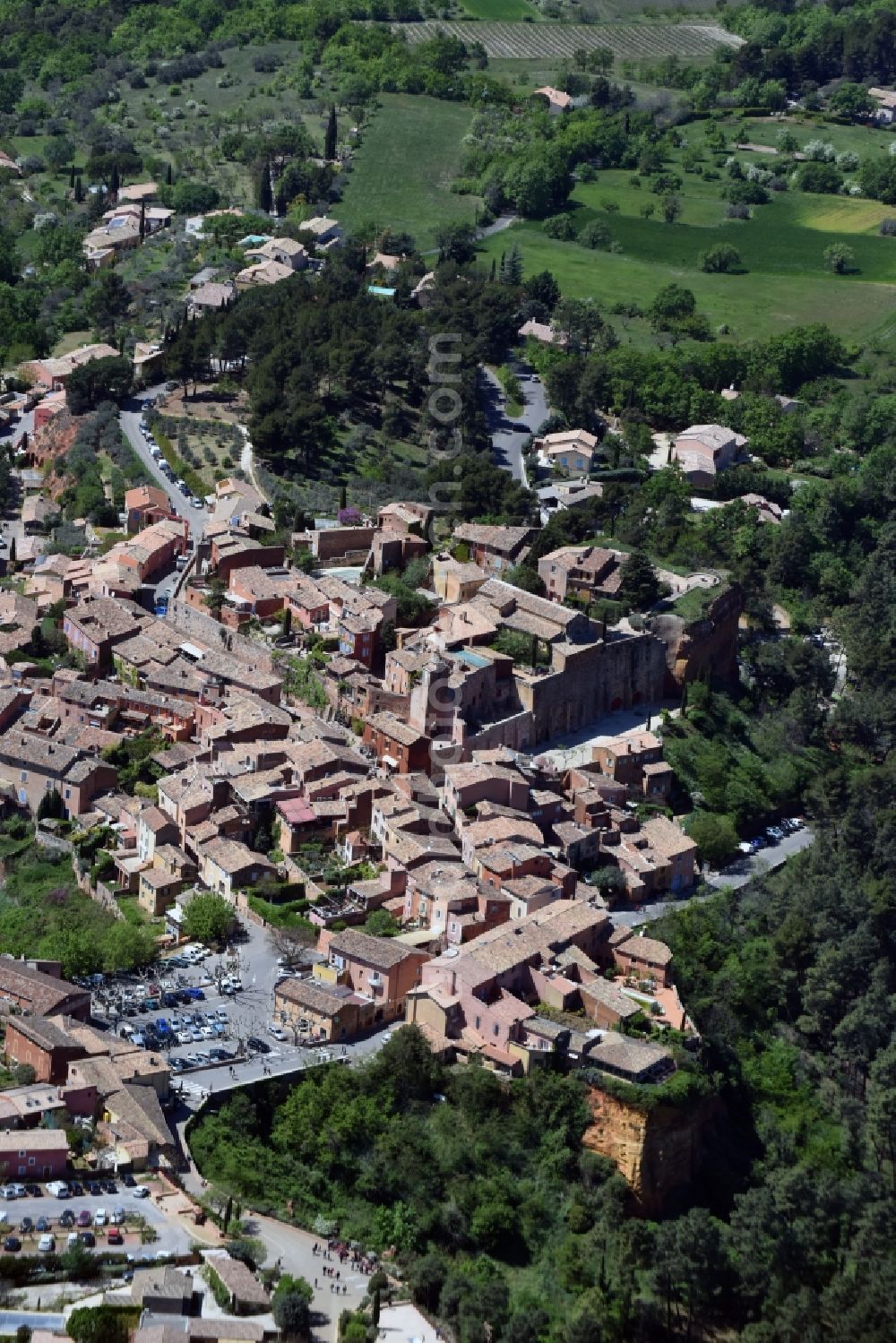 Roussillon from above - Town View of the streets and houses of the residential areas in Roussillon in Provence-Alpes-Cote d'Azur, France