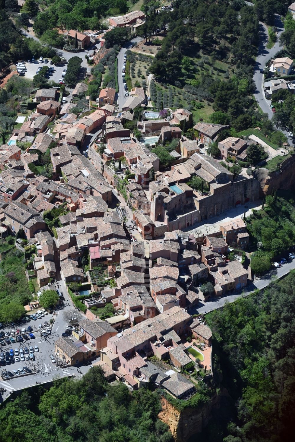 Roussillon from above - Town View of the streets and houses of the residential areas in Roussillon in Provence-Alpes-Cote d'Azur, France