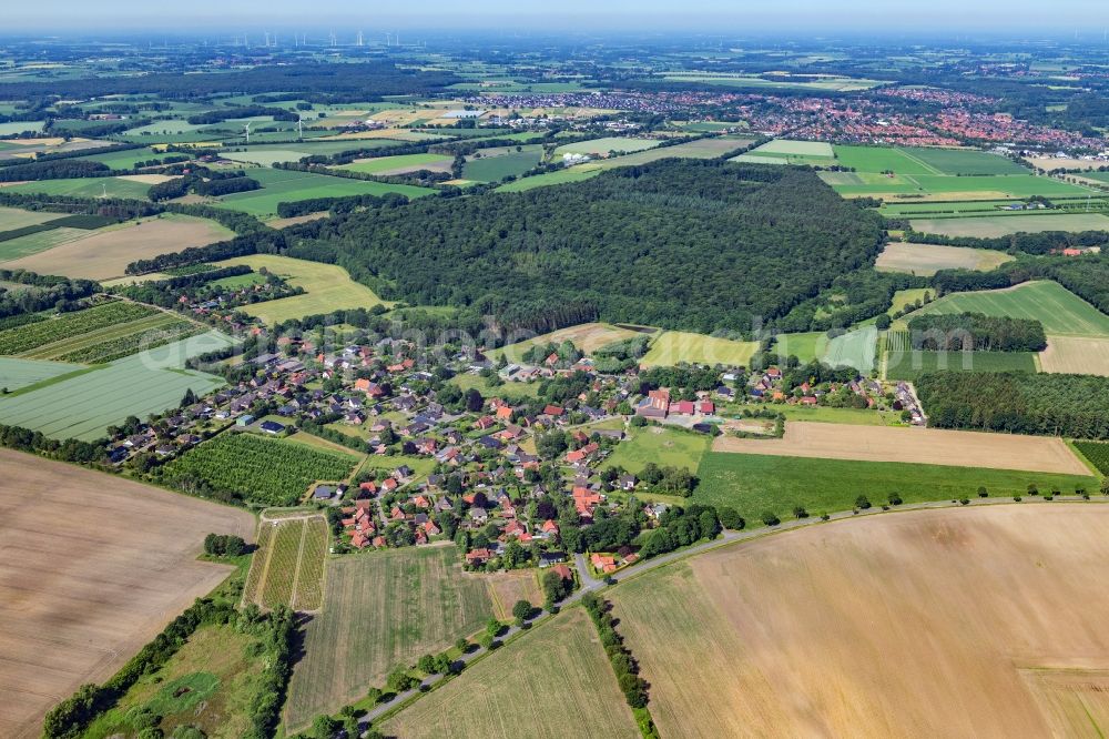 Ruschwedel from above - Town View of the streets and houses of the residential areas in Ruschwedel in the state Lower Saxony, Germany