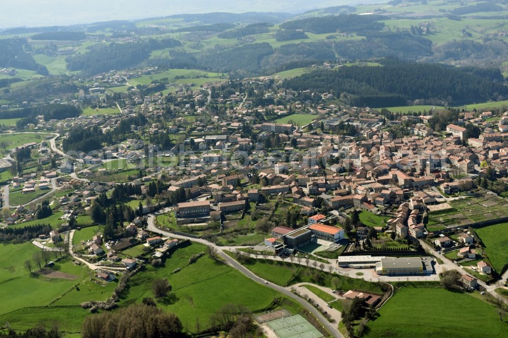 Saint-Didier-en-Velay from above - Town View of the streets and houses of the residential areas in Saint-Didier-en-Velay in Auvergne Rhone-Alpes, France