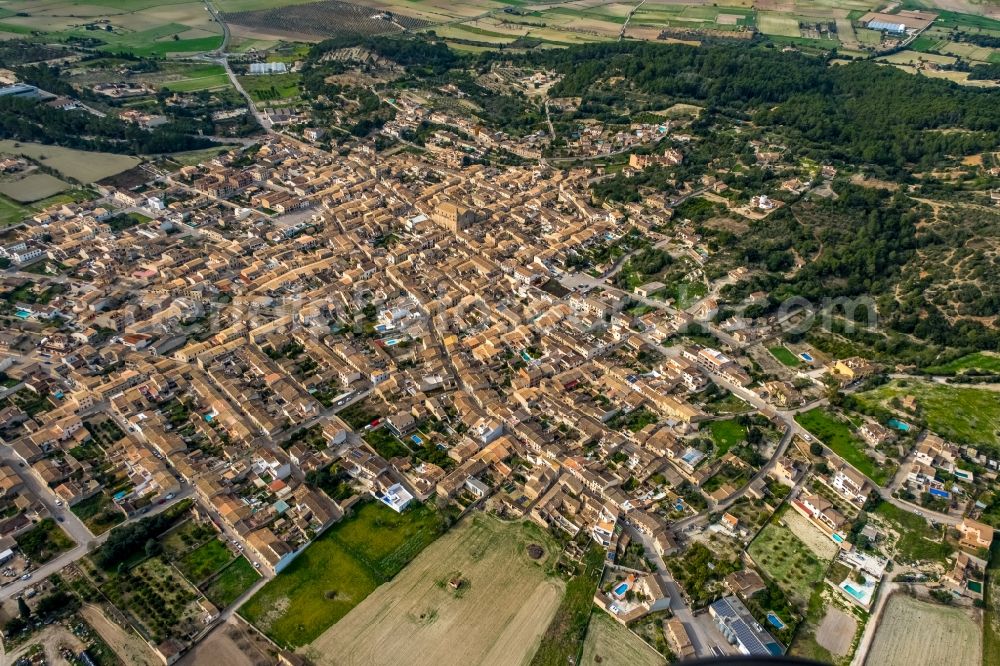 Sant Joan from above - Town View of the streets and houses of the residential areas in Sant Joan in Balearische Insel Mallorca, Spain