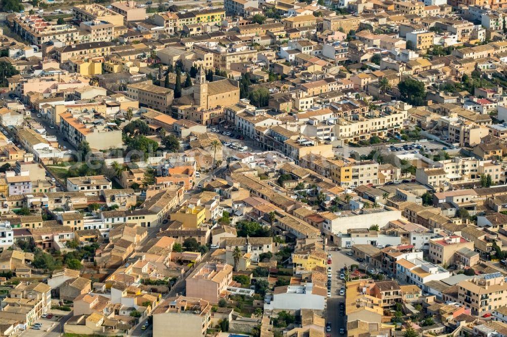 Santa Maria del Camino from the bird's eye view: District view of the streets and houses of the residential areas with Esglesia de la Mare de Deu de la Soledat church in Santa Maria del Camino in Islas Baleares, Spain