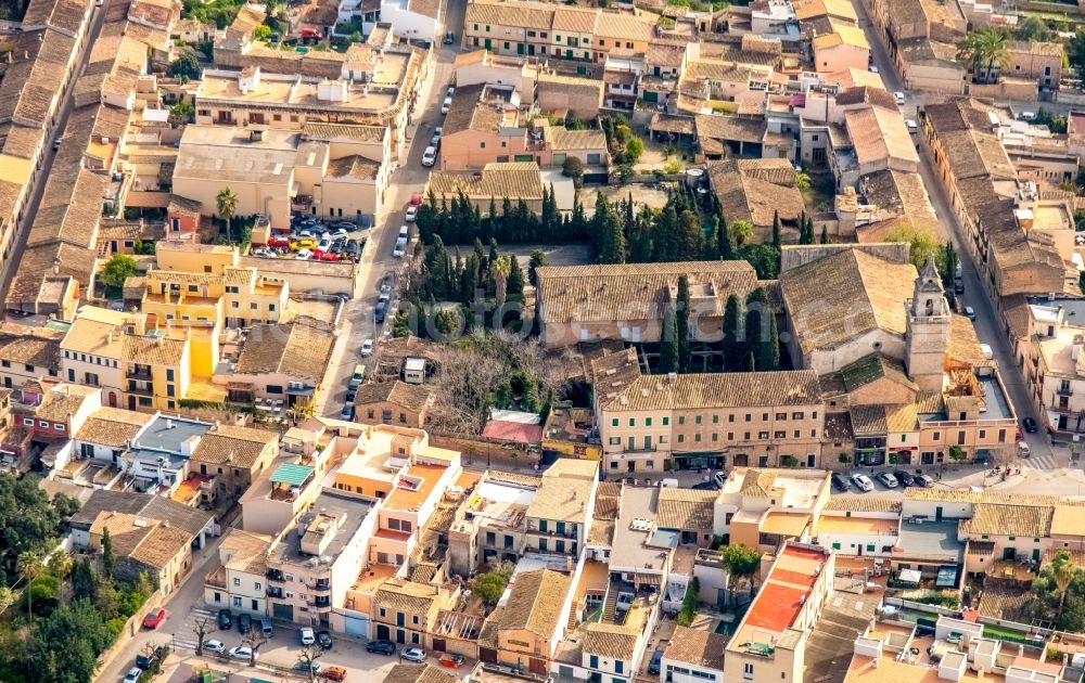 Aerial image Santa Maria del Camino - District view of the streets and houses of the residential areas with Esglesia de la Mare de Deu de la Soledat church in Santa Maria del Camino in Islas Baleares, Spain