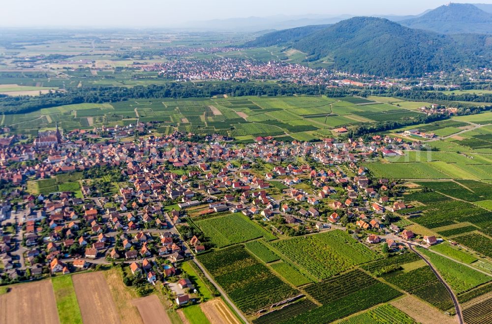 Scherwiller from above - Town View of the streets and houses of the residential areas in Scherwiller in Grand Est, France