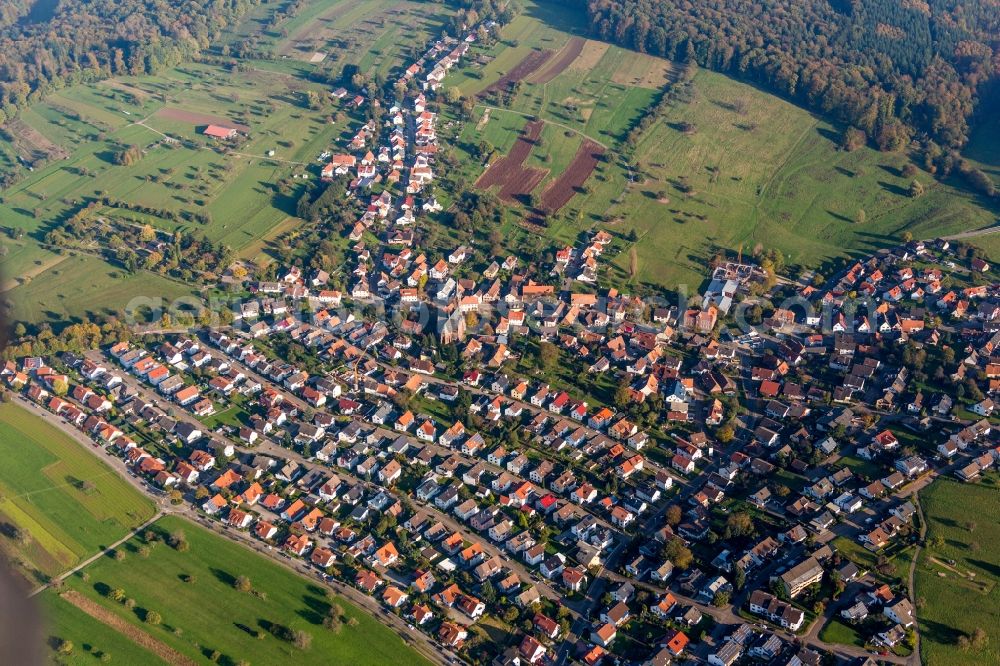 Schöllbronn from the bird's eye view: Town View of the streets and houses of the residential areas in Schoellbronn in the state Baden-Wurttemberg, Germany