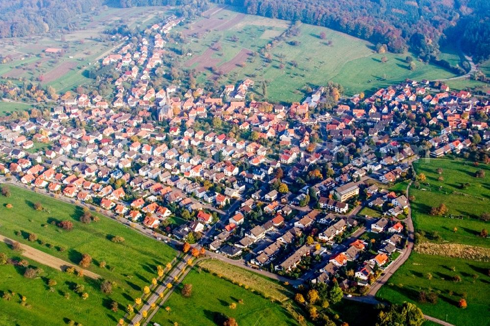 Schöllbronn from the bird's eye view: Town View of the streets and houses of the residential areas in Schoellbronn in the state Baden-Wurttemberg, Germany