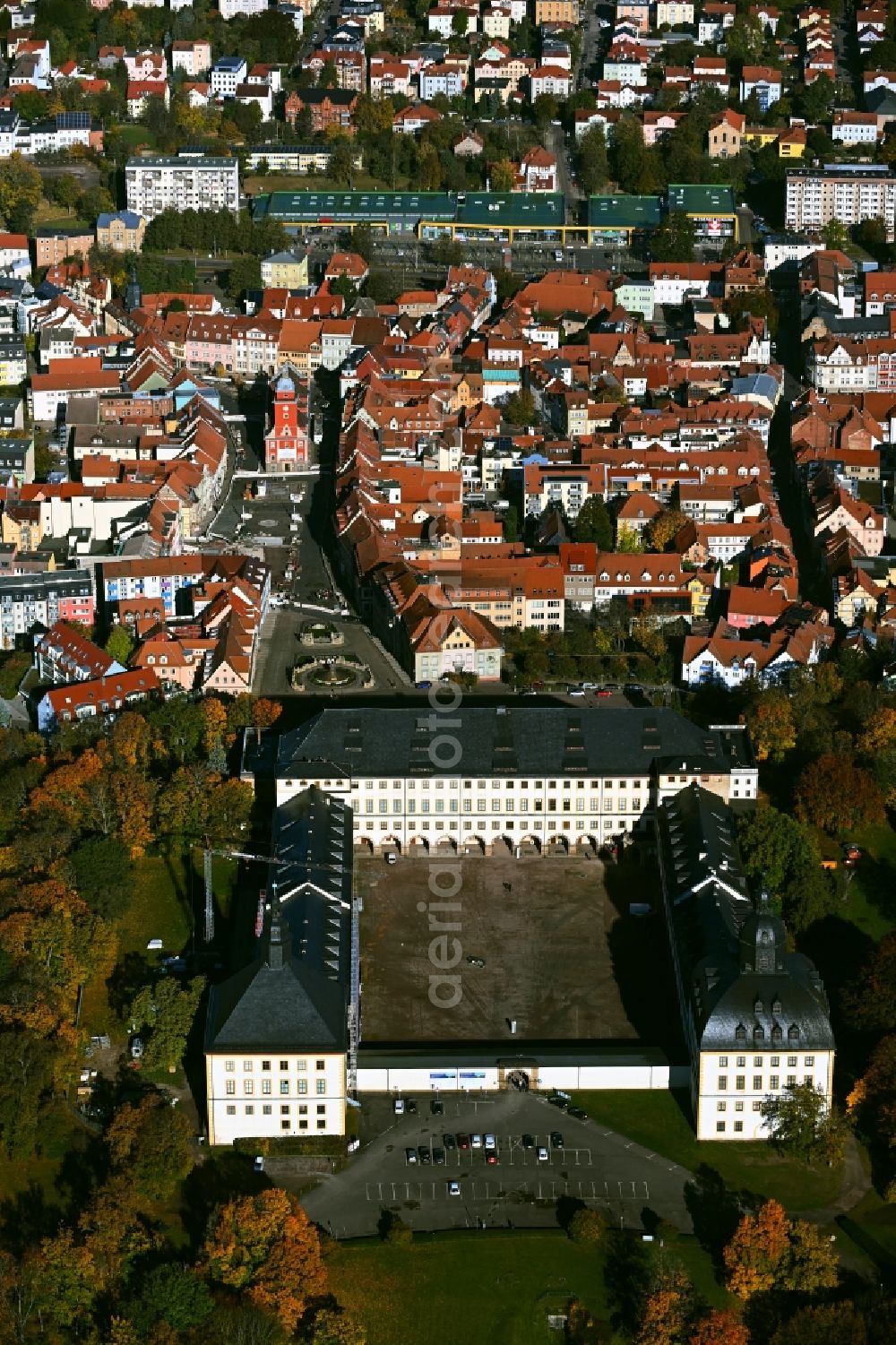 Gotha from above - View of the streets and houses of the residential areas and Friedenstein Castle in Gotha in the state Thuringia, Germany