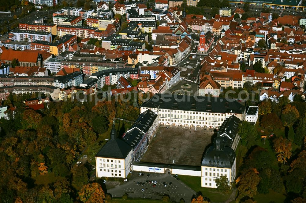 Aerial image Gotha - View of the streets and houses of the residential areas and Friedenstein Castle in Gotha in the state Thuringia, Germany